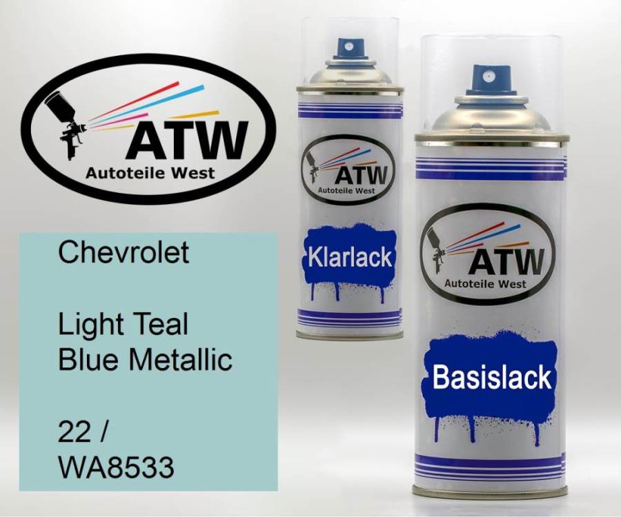 Chevrolet, Light Teal Blue Metallic, 22 / WA8533: 400ml Sprühdose + 400ml Klarlack - Set, von ATW Autoteile West.